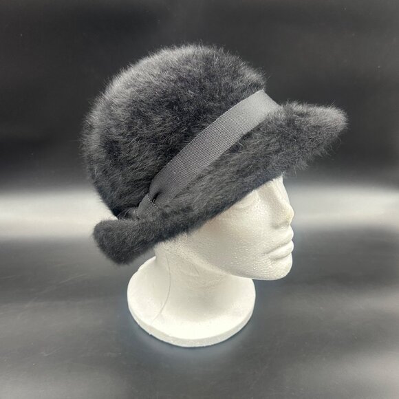 Vintage Black Hat 1970s Angora Rabbit Fur Ribbon Betmar France Ladies Winter - Picture 1 of 8